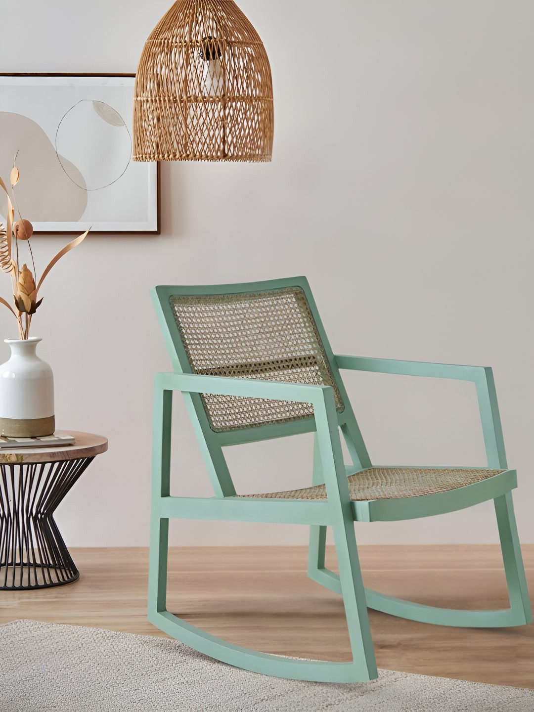 Chumbak Teal-Green & Beige French Rattan Rocking Chair