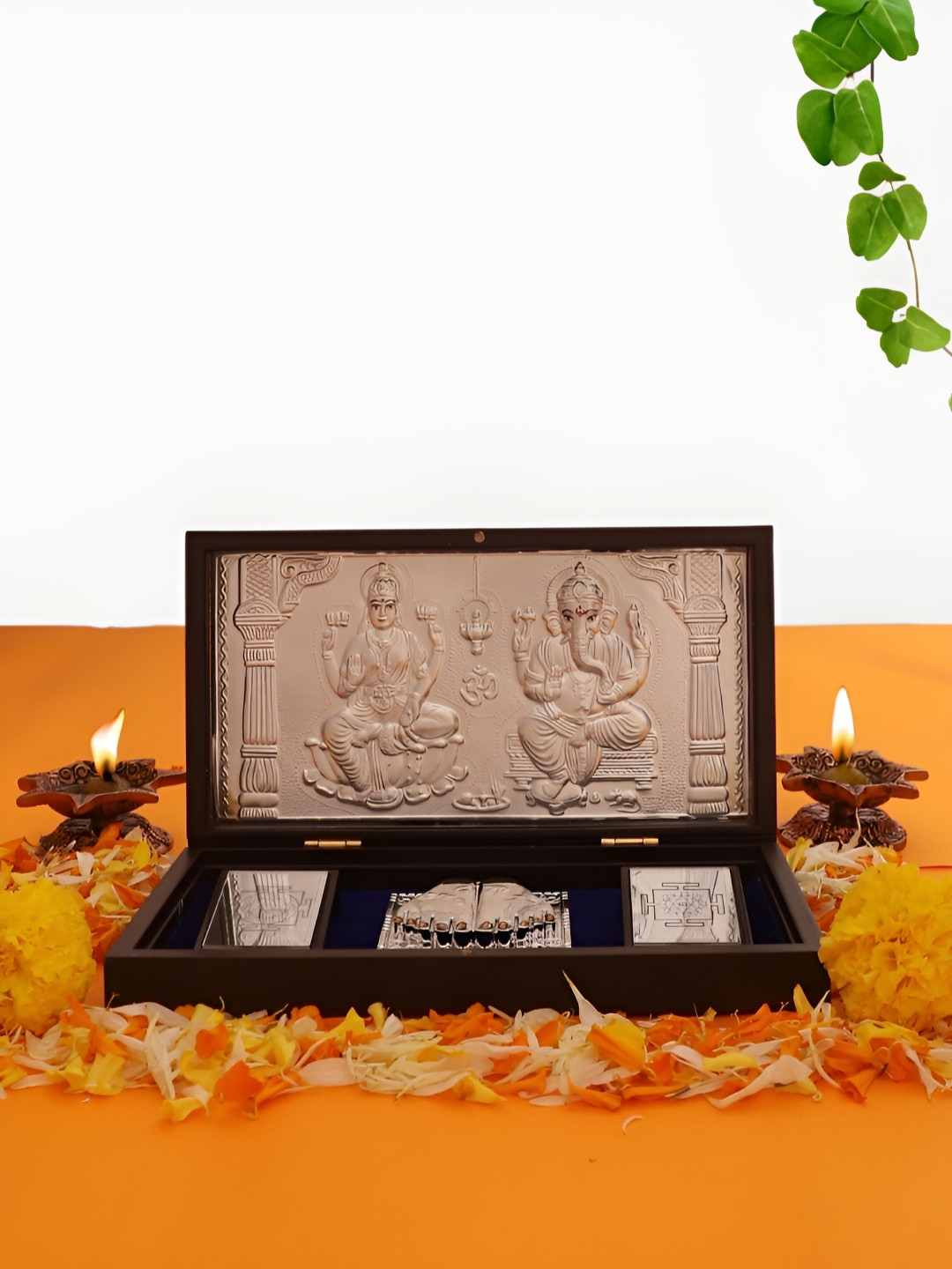 INTERNATIONAL GIFT Laxmi Ganesh Farme with Charan Paduka Gold Metal Metallic Living Room Large Showpiece - 2 Inches