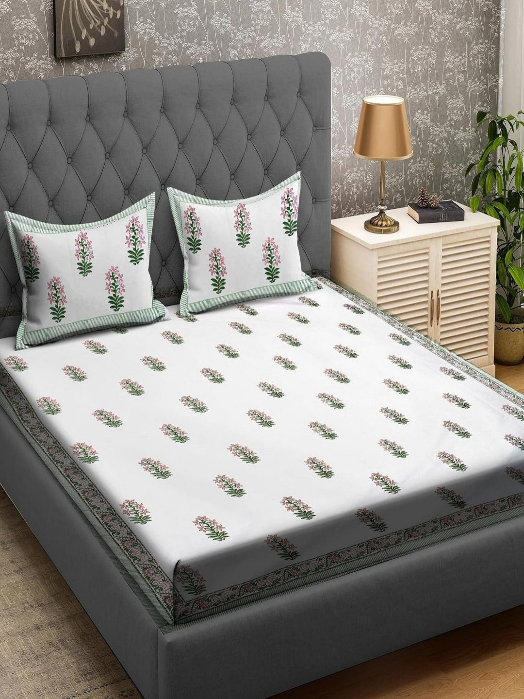 Myntra Elegant Homes Rr Creations White Floral Cotton 400 TC King Superfine Bedsheet with 2 Pillow Covers-228 x 274 cm