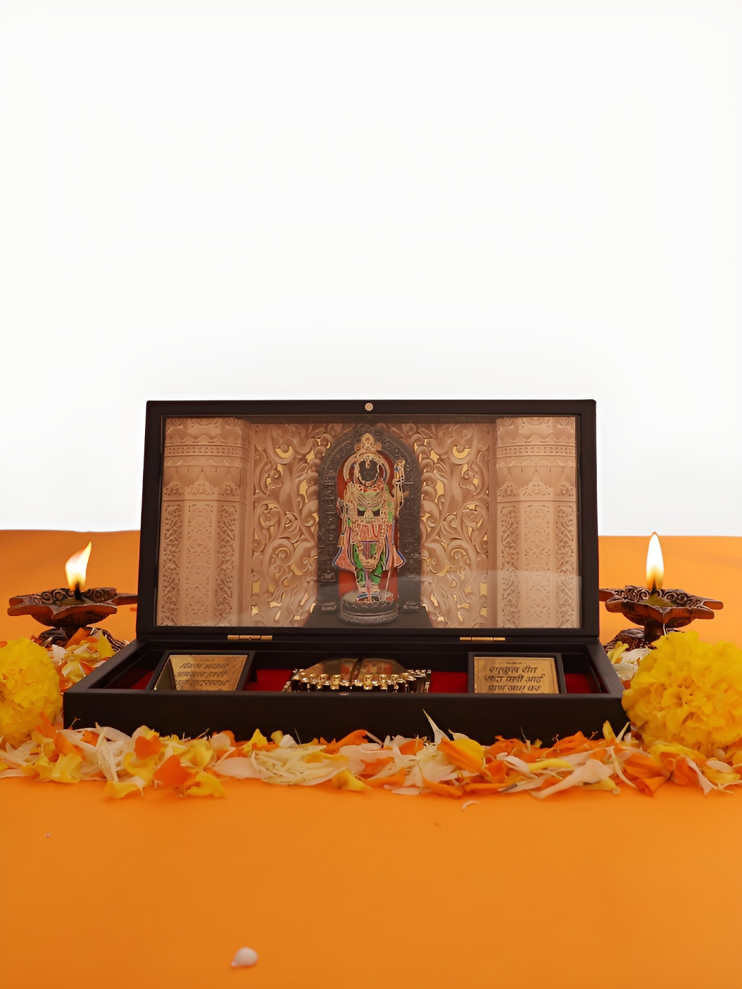 INTERNATIONAL GIFT Shree Ram with Charan Paduka Box Gold Metal Metallic Prayer Room Portable Large Showpiece - 2 Inches