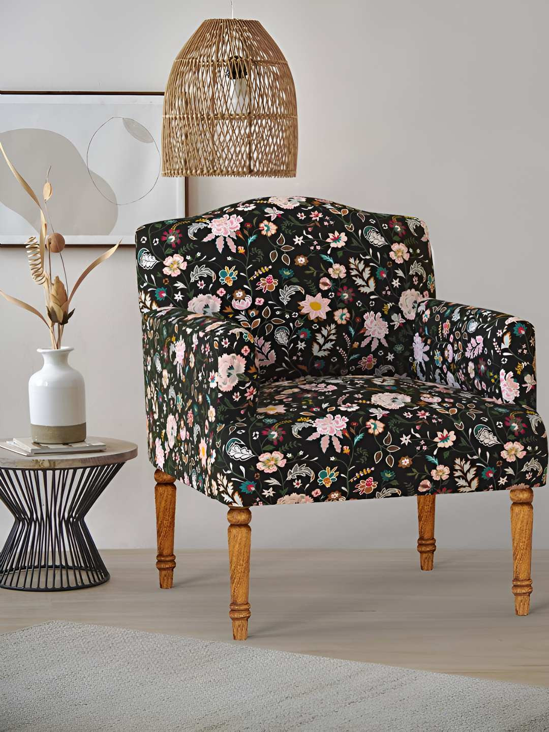 Chumbak Nawaab Arm Chair Black & Pink Floral Wooden Bohemian Palampore Lounge Chair