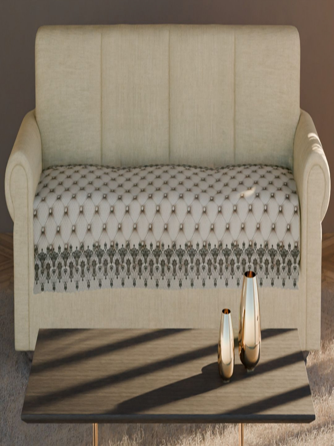 Fashion Throw Cream-Coloured & Black Printed Velvet Sofa Cover