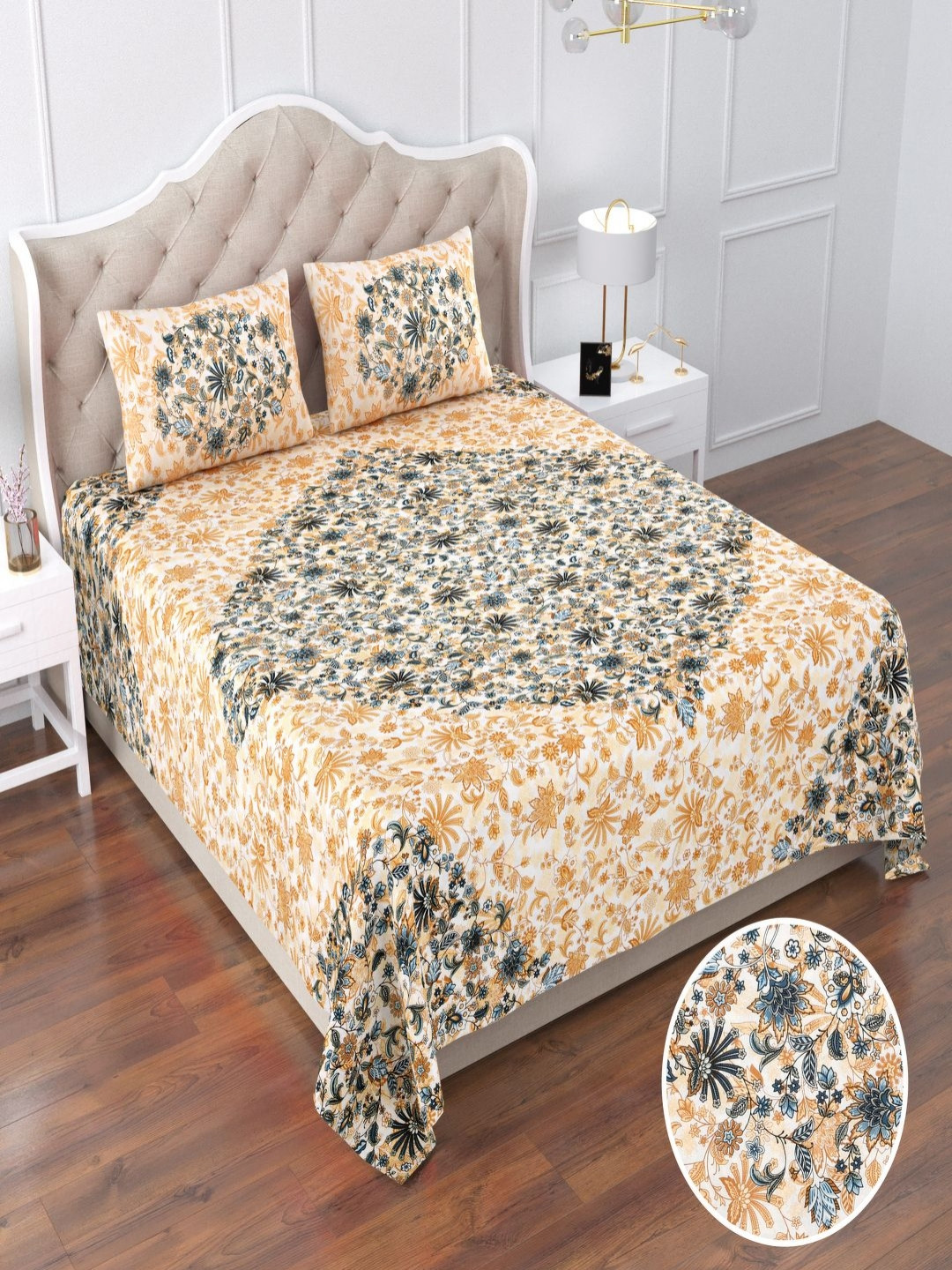 Qfab Blue Floral Cotton 250 TC King Bedsheet with 2 Pillow Covers-90 x 110 inches