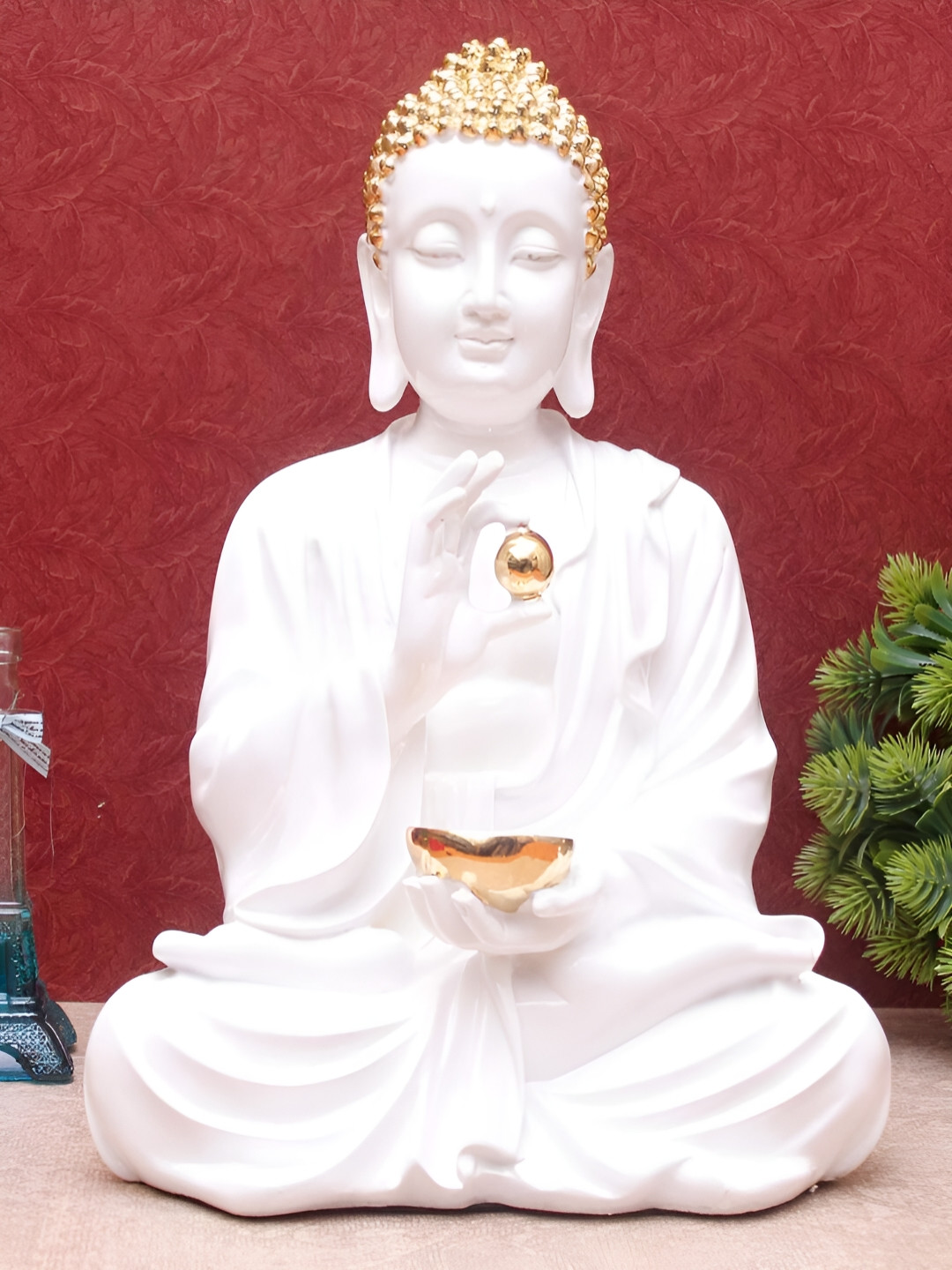 Craftlayout Large Buddha White Polyresin Glossy Prayer Room Large Showpiece - 14 Inches