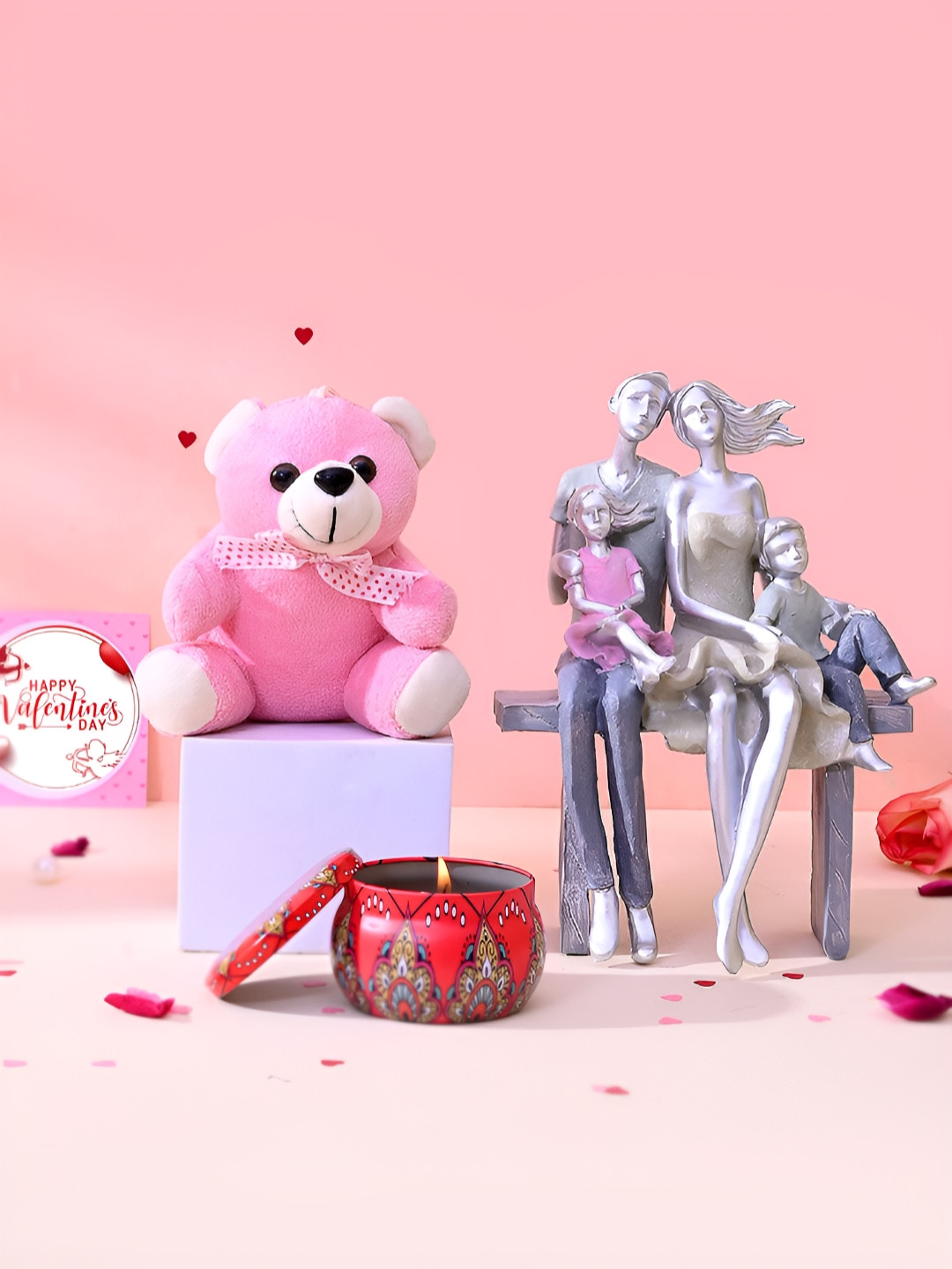TAYHAA Pink And White 3 Pieces Family Love Showpiece With Candle And Teddy Gift Set