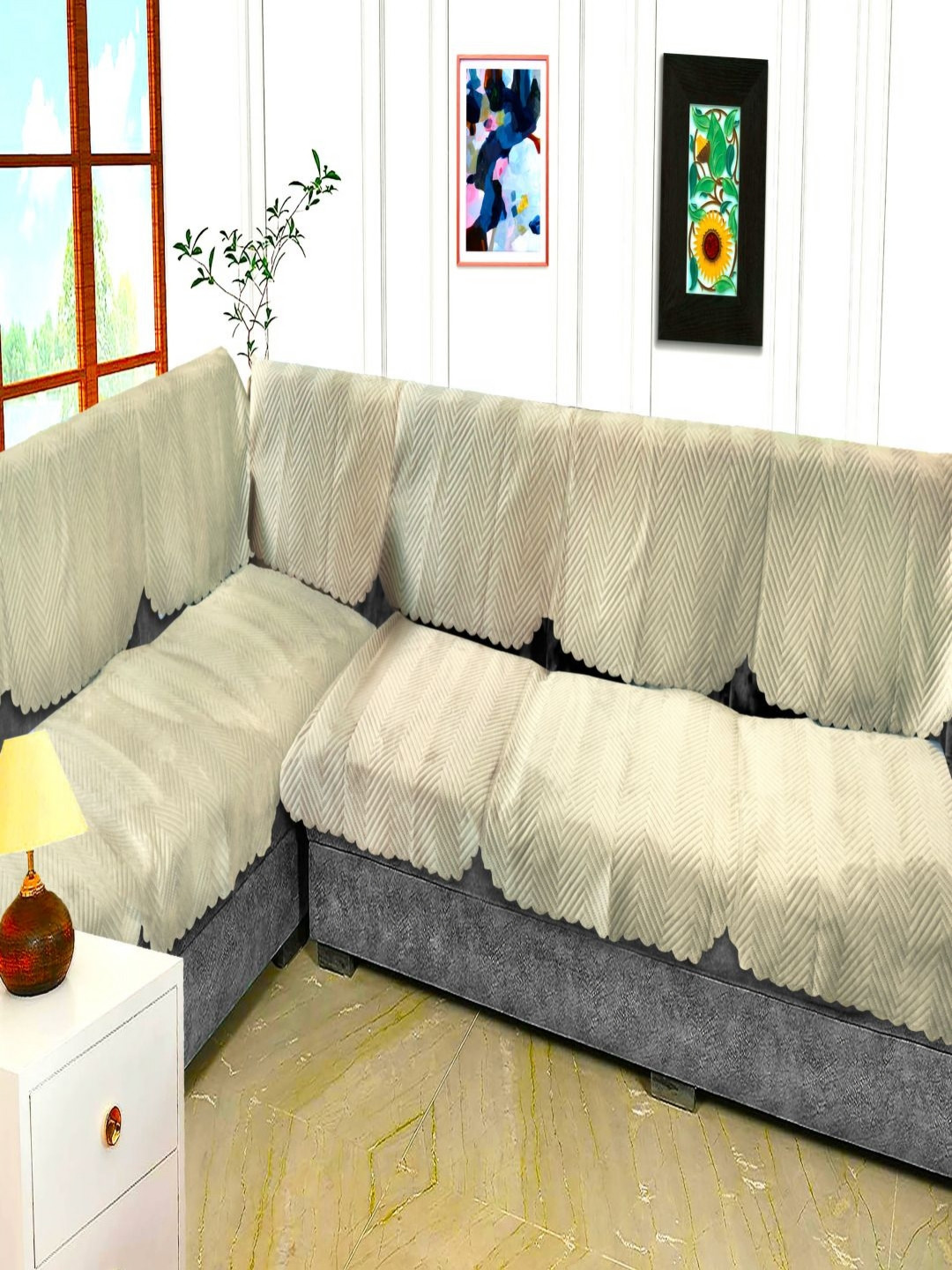 Fashion Throw Beige 6 Pieces Self Design 7-Seater Velvet Sofa Covers