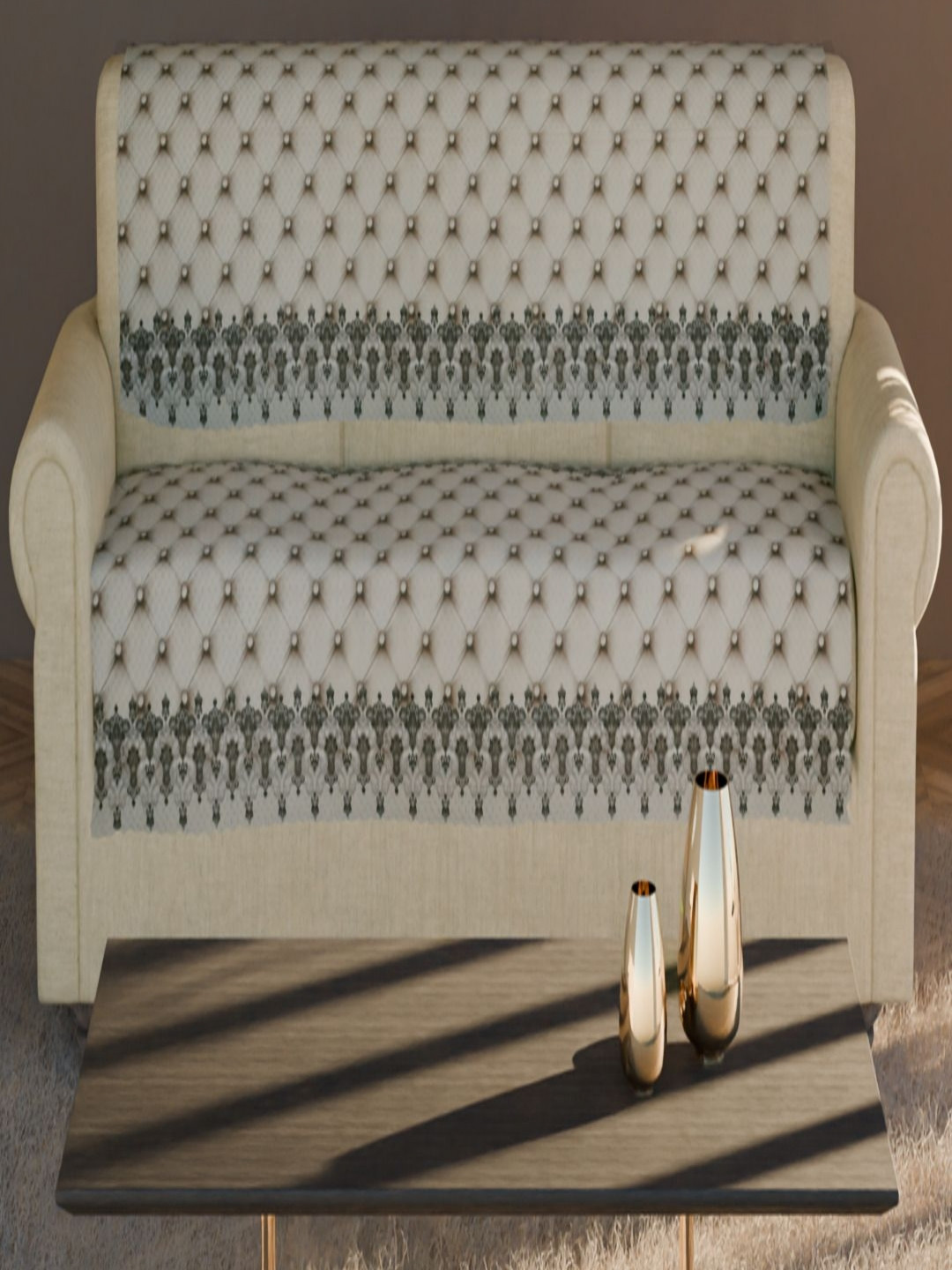 Fashion Throw Cream-Coloured and Grey 2 Pieces 3-Seater Self Design Velvet Sofa Covers