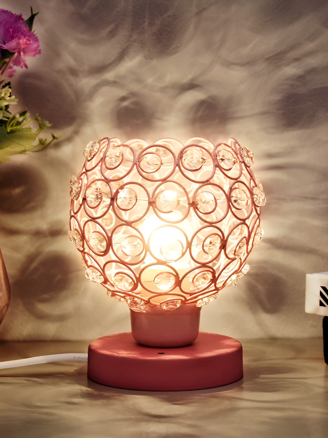 Homesake Pink & White Textured Abstract Shaped Metal Crystal Night Table Lamp