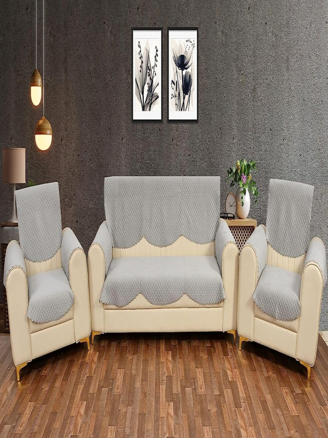 Fashion Throw Silver-Toned 5-Seater Checked Velvet Sofa Cover With Arms