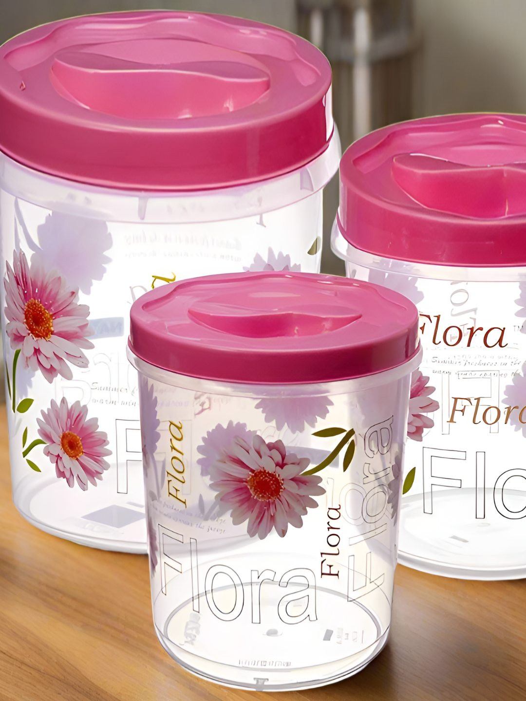 Nayasa Store-In Set Of 3 Pink Printed Storage Plastic Containers- 4.7 L, 7.2 L, 11.2 L