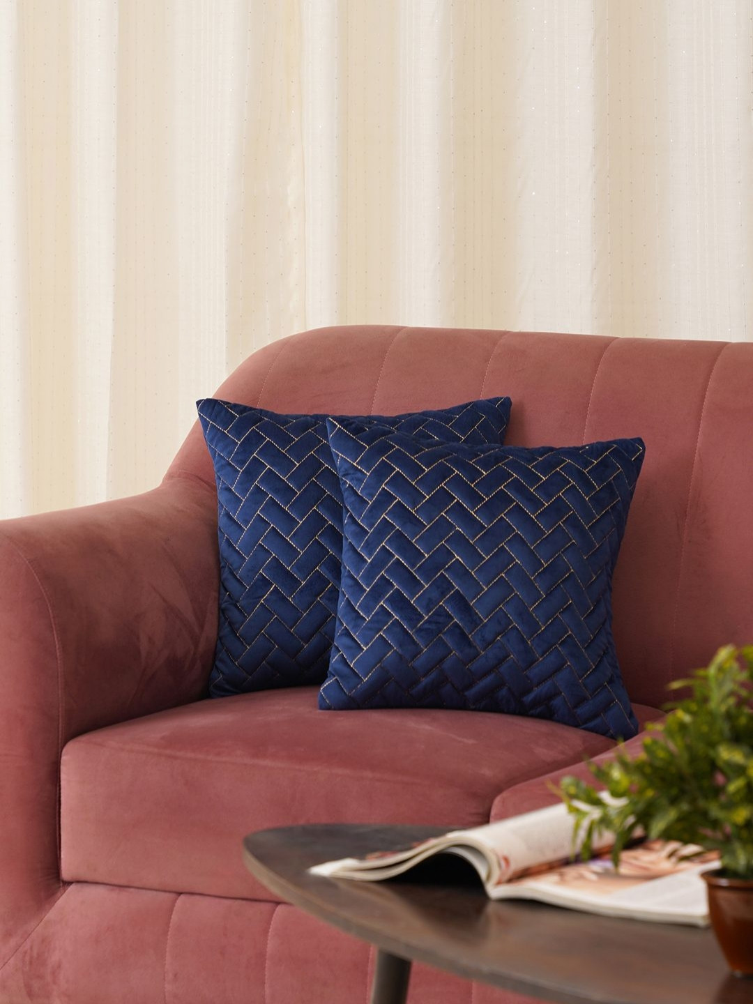 HOME 360 Quad Blue & Beige 2 Pieces Geometric Printed Velvet Square Cushion Covers