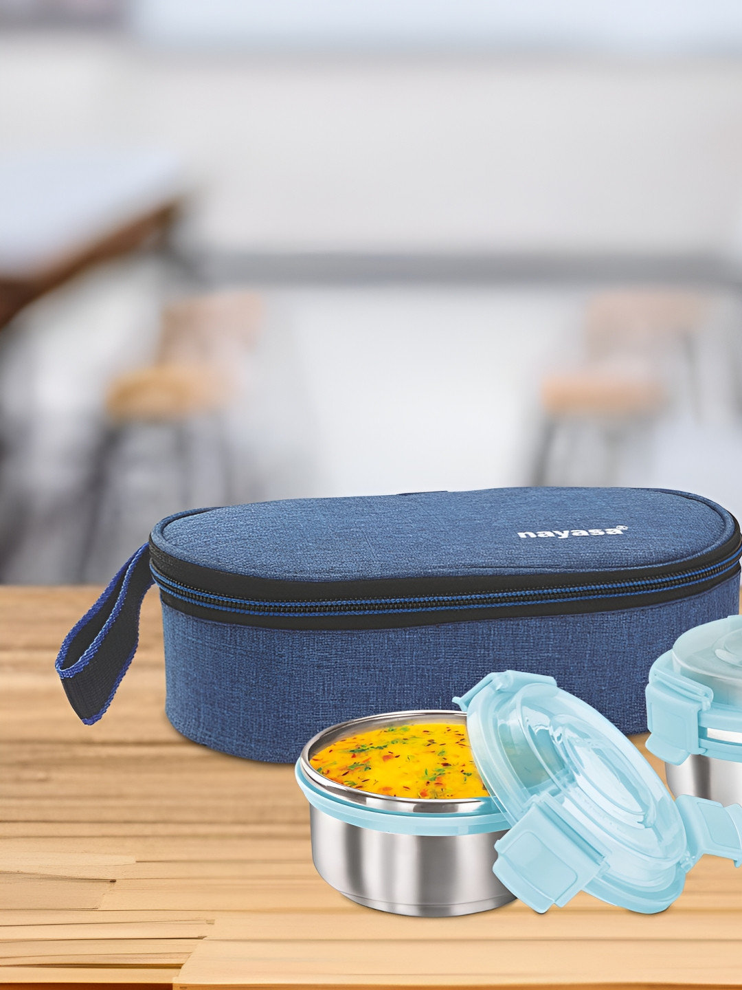 Nayasa Aqua Crunch Airtight Leakproof Stainless Steel 3PCs Lunch Box With Spoon and Fork