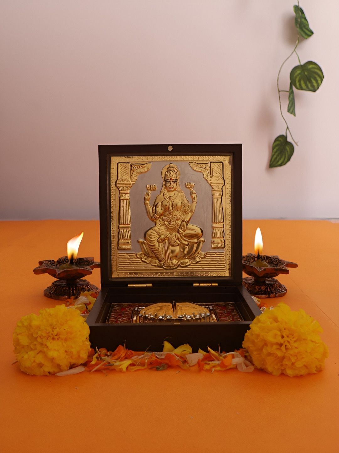 INTERNATIONAL GIFT Mata Laxmi Charan Paduka Box Temple Gold Metal Metallic Prayer Room Medium Showpiece - 5 Inches