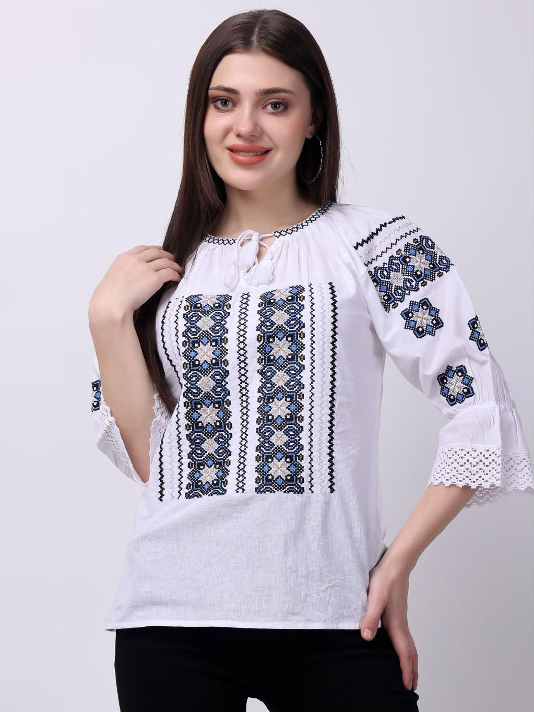 VAAMII Women Tie-Up Neck Cotton Top