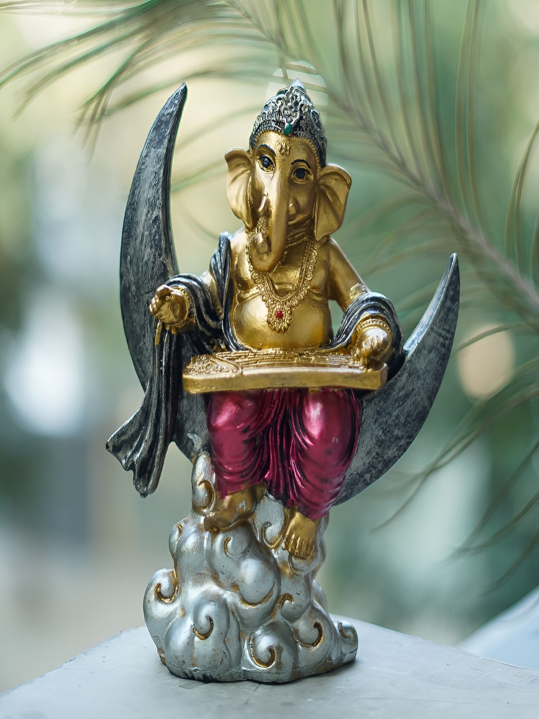 Craftlayout Sitting On Moon Lord Chand Ganesh Gold Resin Natural Prayer Room Medium Showpiece - 7.5 Inches