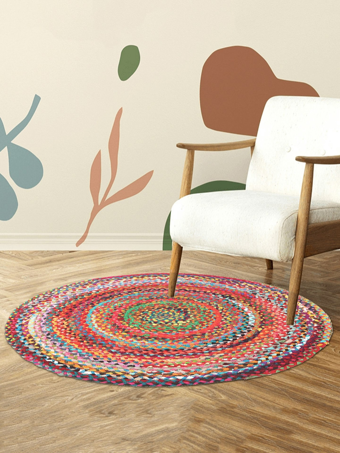 HABERE INDIA Pink Abstract Round Jute Bohemian Carpet