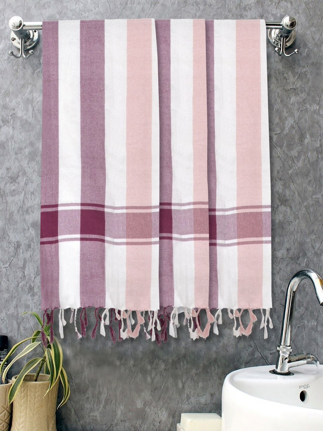 FABINALIV Set of 3 Pink & White Striped Printed 225 GSM Cotton Bath Towels