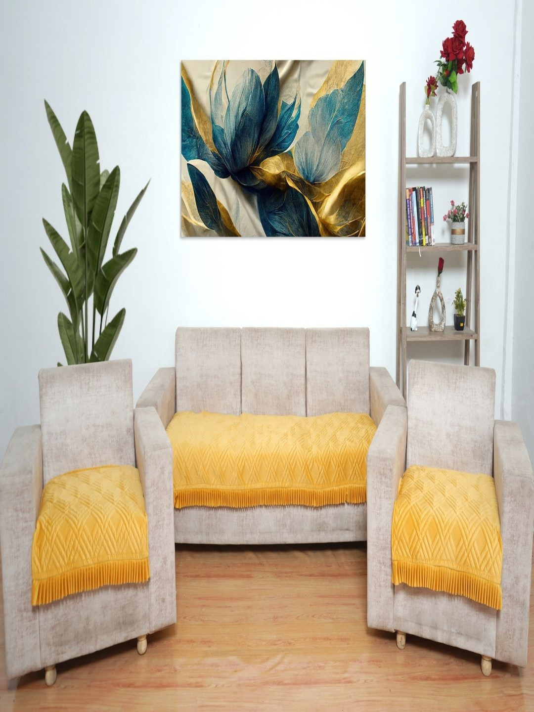 Fashion Throw Yellow 3 Pieces Self Design 5 Seater Velvet Sofa Covers