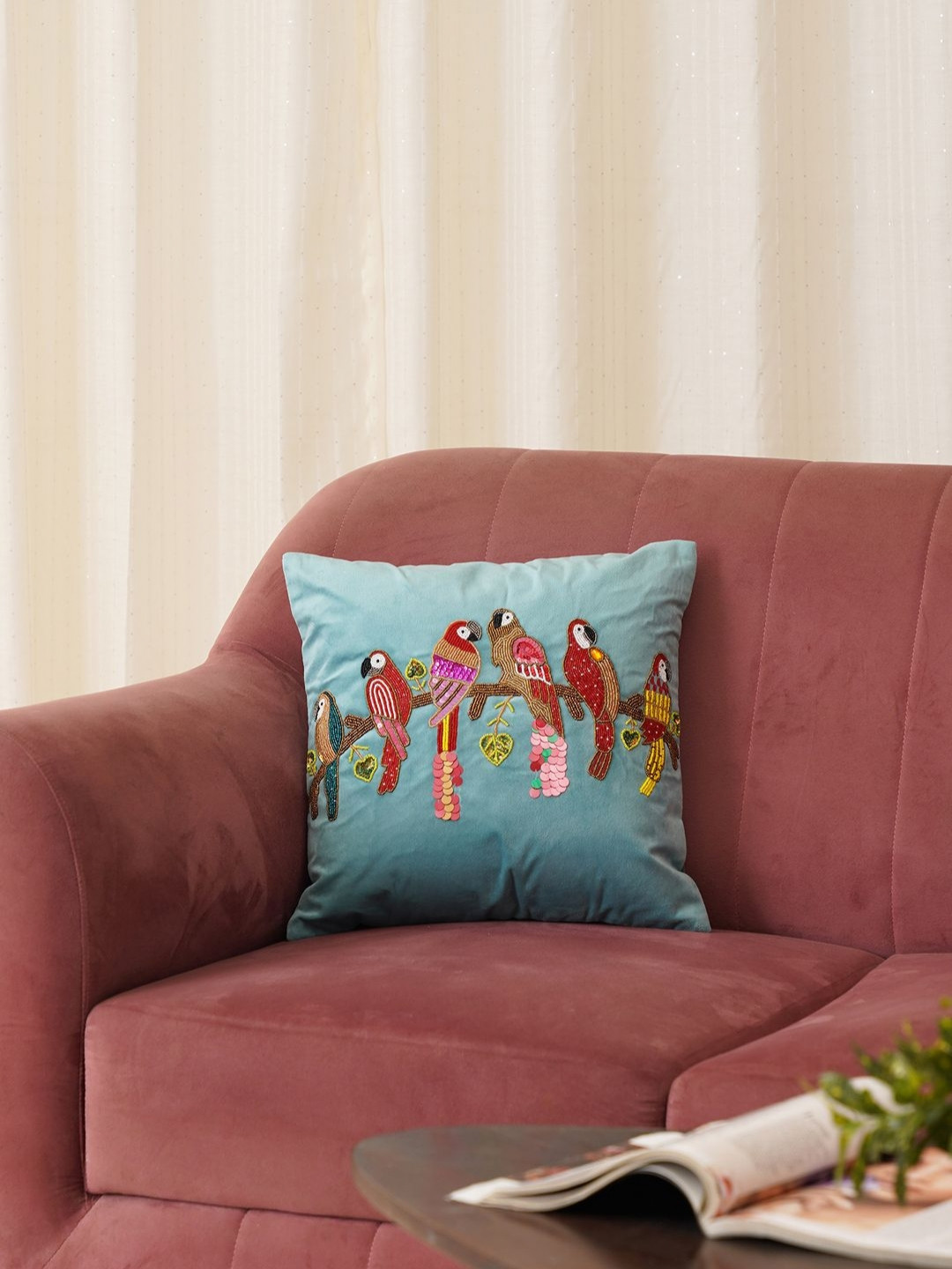 HOME 360 Blue & Pink Quirky Embellished Velvet Square Cushion Covers
