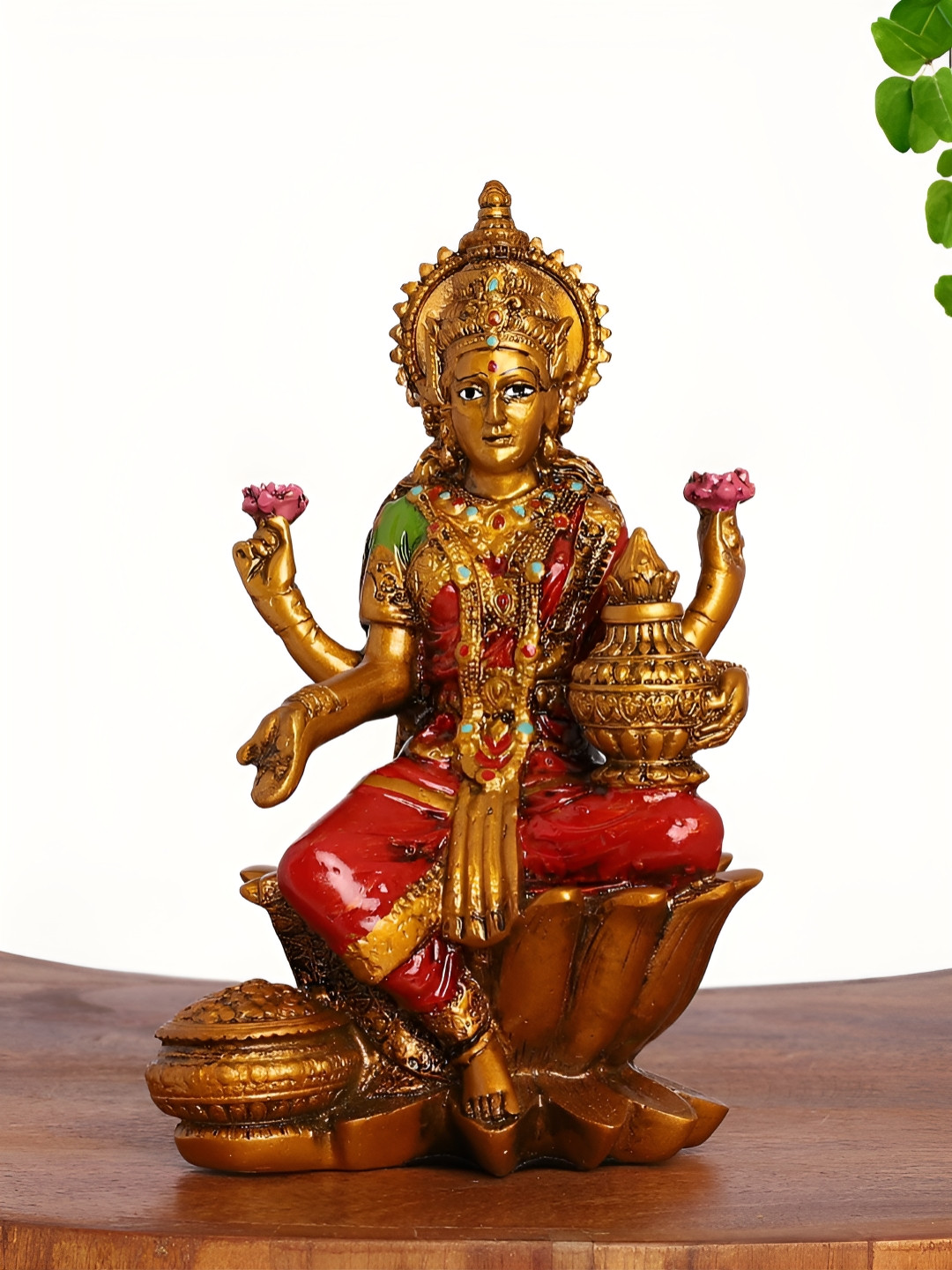 INTERNATIONAL GIFT Lakshmi On Lotus with Kalash Gold Polyresin Natural Prayer Room Medium Showpiece - 7 Inches