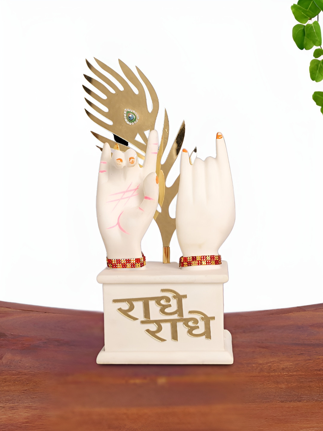 INTERNATIONAL GIFT Krishna Hand with Flute and Peacock Feather White Metal Metallic Living Room Large Showpiece - 3.9 Inches