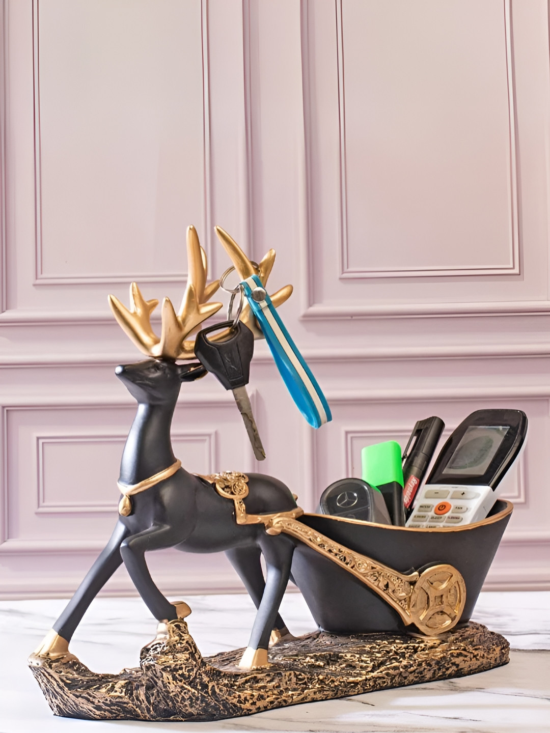 SMOKEY COCKTAIL Black And Gold-Toned Deer Decorative Organizer Figurine Showpiece
