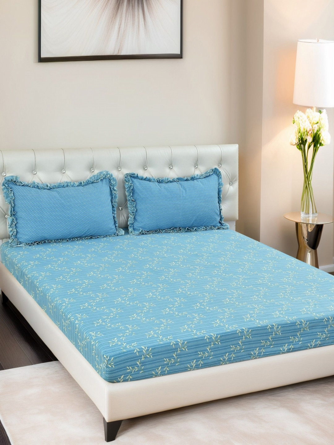 Innovative Edge Blue Floral Cotton 160 TC Fitted Queen Bedsheet with 2 Pillow Covers-72 x 78 inches