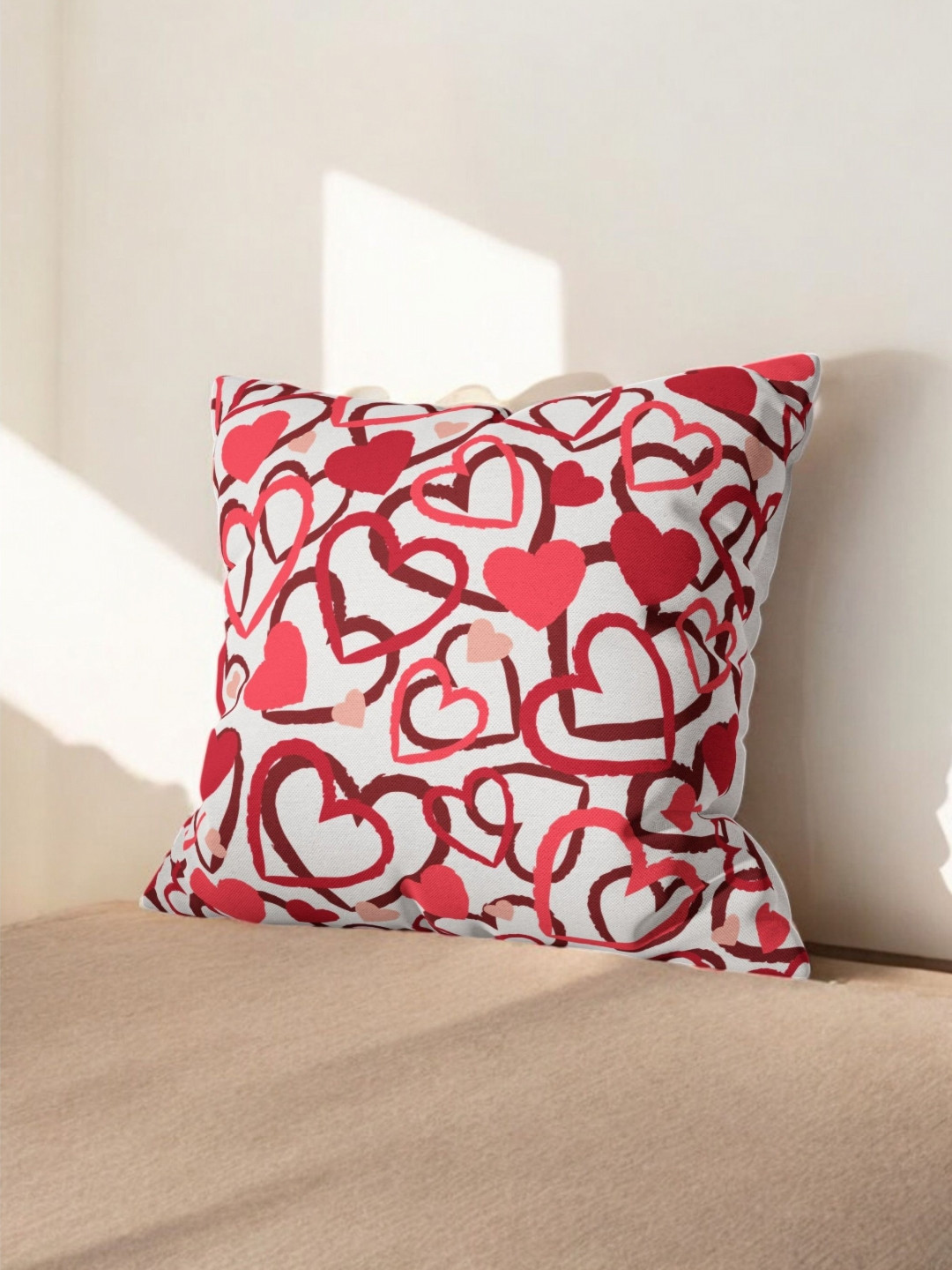 LUSHLYF Red And White Quirky Printed Velvet Square Shaped Valentine Cushion Covers