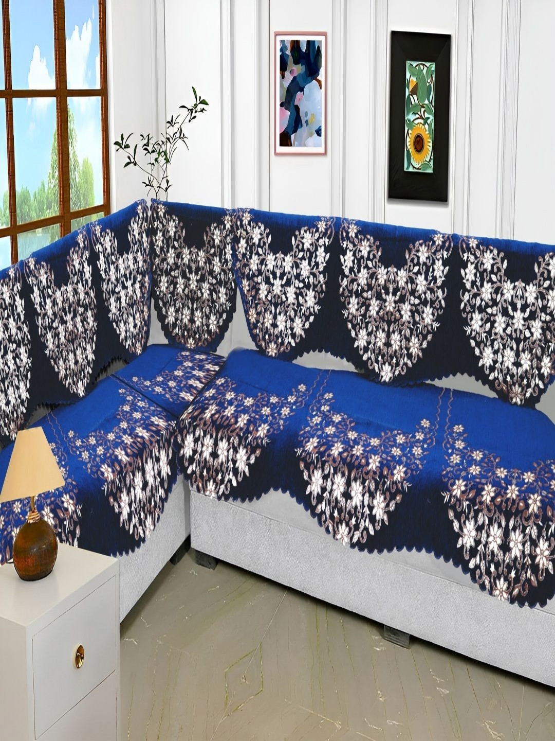 Fashion Throw Teal Blue & White 6 Pieces Floral Printed L-Shaped Jacquard Sofa Cover