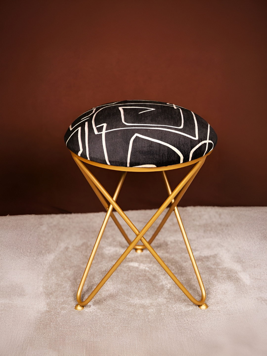 Decoghar Black & White Abstract Printed Round Shaped Metallic Stool