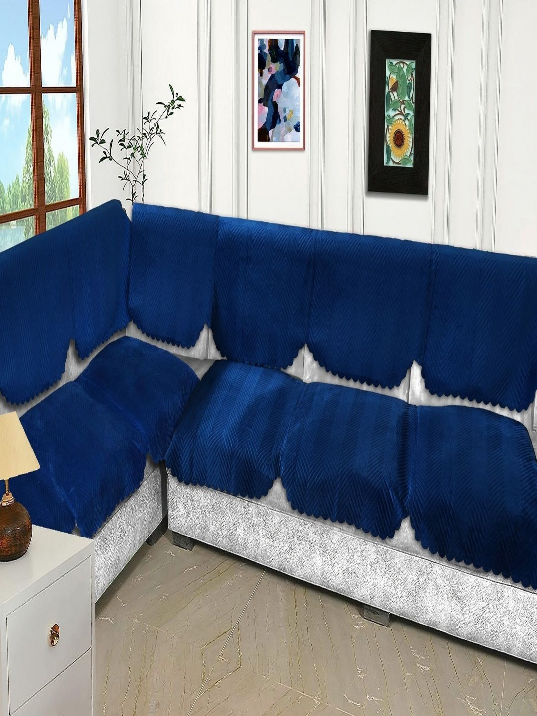 Fashion Throw Navy Blue 6 pieces Quilted Seven Seater L-Shape Velvet Sofa Covers