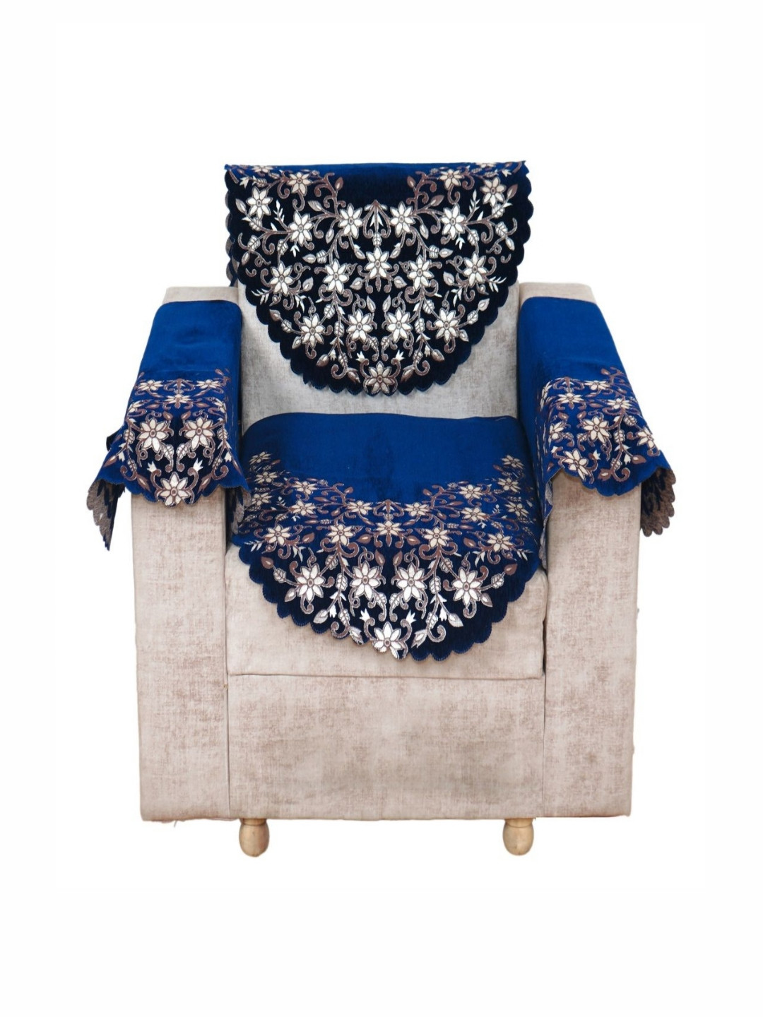 Fashion Throw Navy Blue & White Floral Printed Jacquard Sofa Cover With Arm