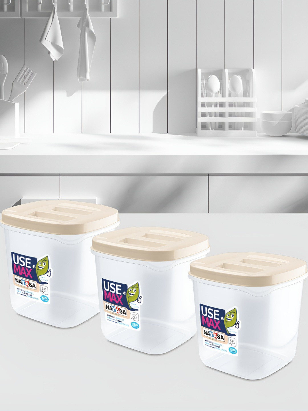 Nayasa Use Max Beige Plastic Air Tight 3 Piece Flip Top Canister-1.5L