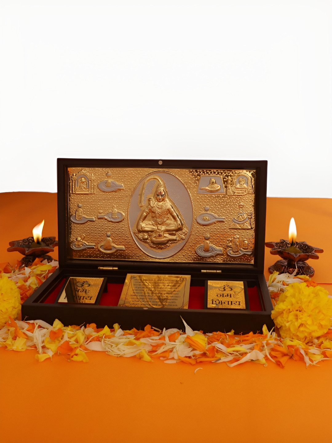 INTERNATIONAL GIFT Lord Shiv Frame with Charan Paduka Gold Metal Metallic Prayer Room Large Showpiece - 5 Inches