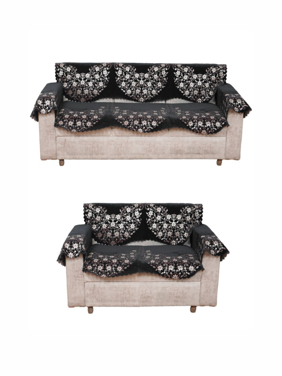 Fashion Throw Grey & White 8 Pieces Floral Printed 5-Seater Jacquard Sofa Cover With Arms