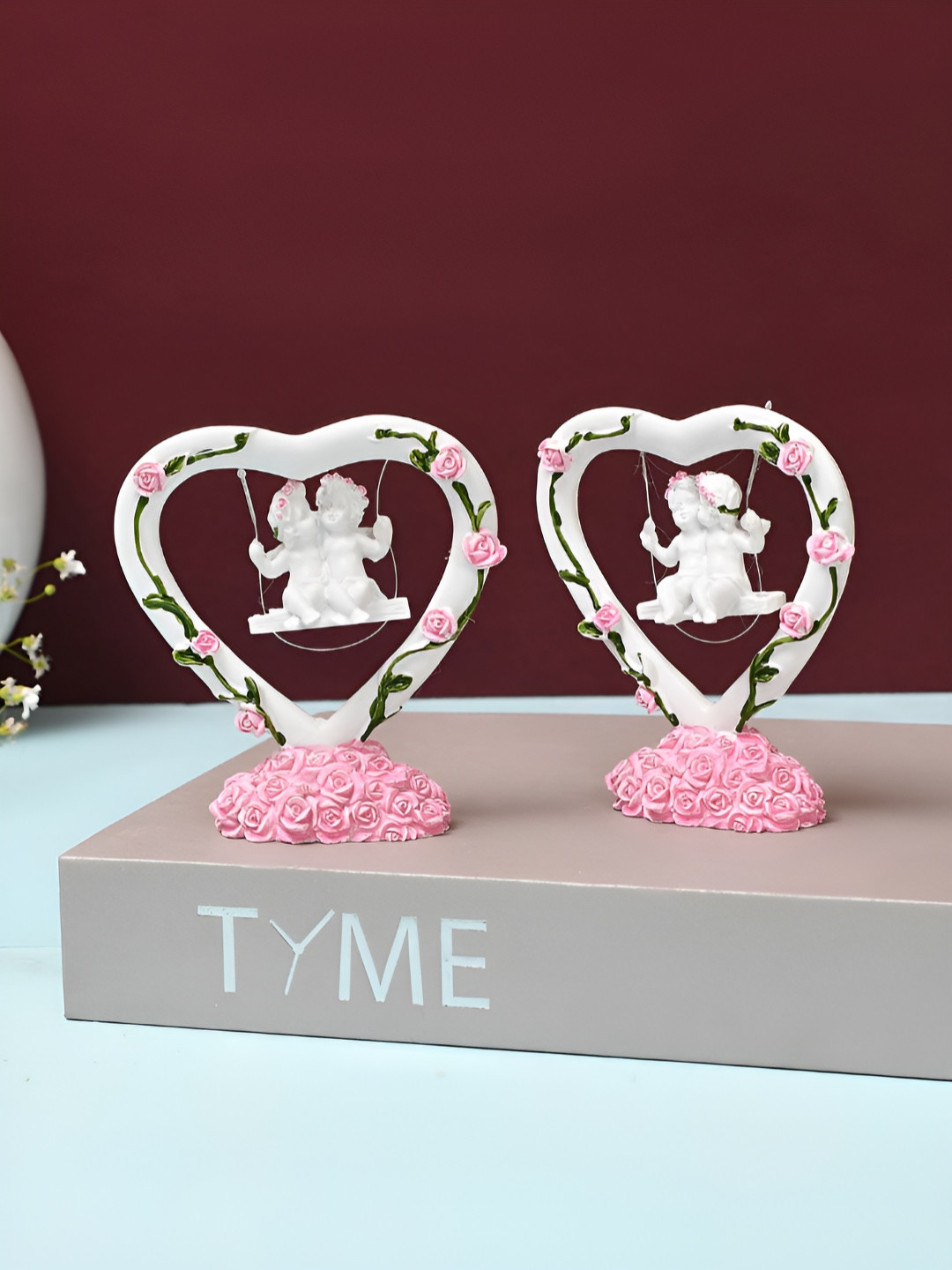 TAYHAA Cute Kissing Angels On Heart Of Roses Pink Polyresin Natural Living Room Set of 2 Tiny Showpieces - 3.5 Inches