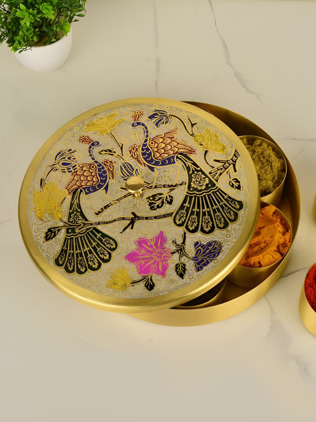 StyleMyWay Gold Toned 9 Pieces Textured Brass Spice Box With Containers & Spoon