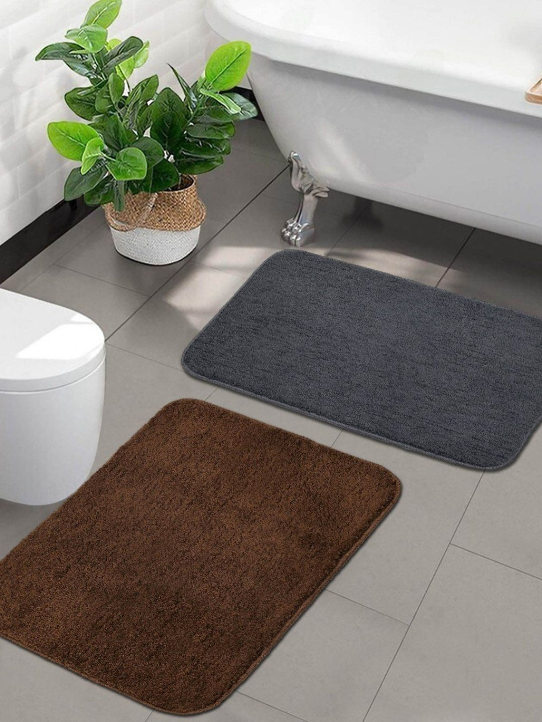Saral Home Grey & Brown 2 Pieces Microfibre 550 GSM Anti-Skid Bath Rugs