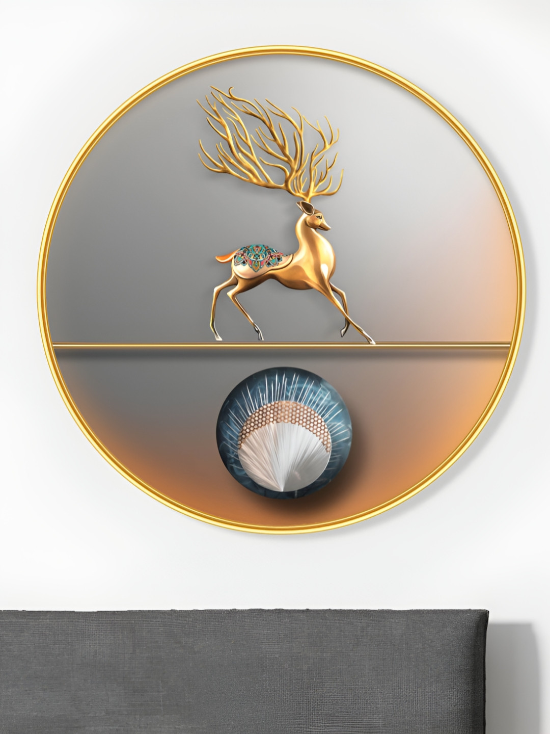 SAF Grey & Gold-Toned & Blue Birds and Animals Printed Synthetic Wood Wall Art