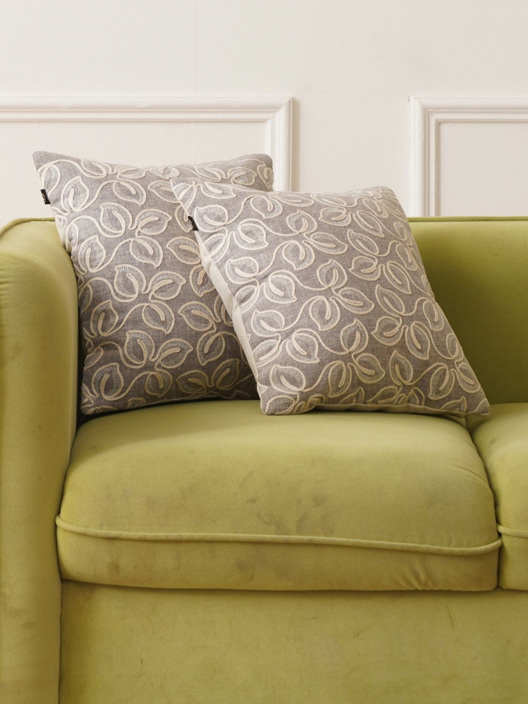 HOME 360 Money Plant Grey 2 Pieces Floral Embroidered Cotton Silk Square Cushion Covers