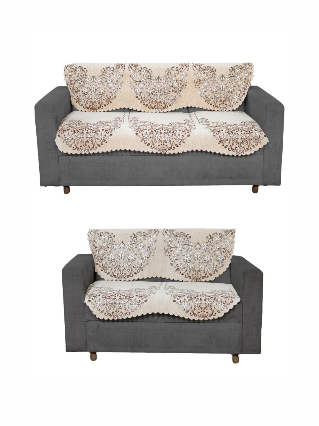 Fashion Throw Beige 4 Pieces Floral Embroidered Five Seater Jacquard Sofa Cover With Arms