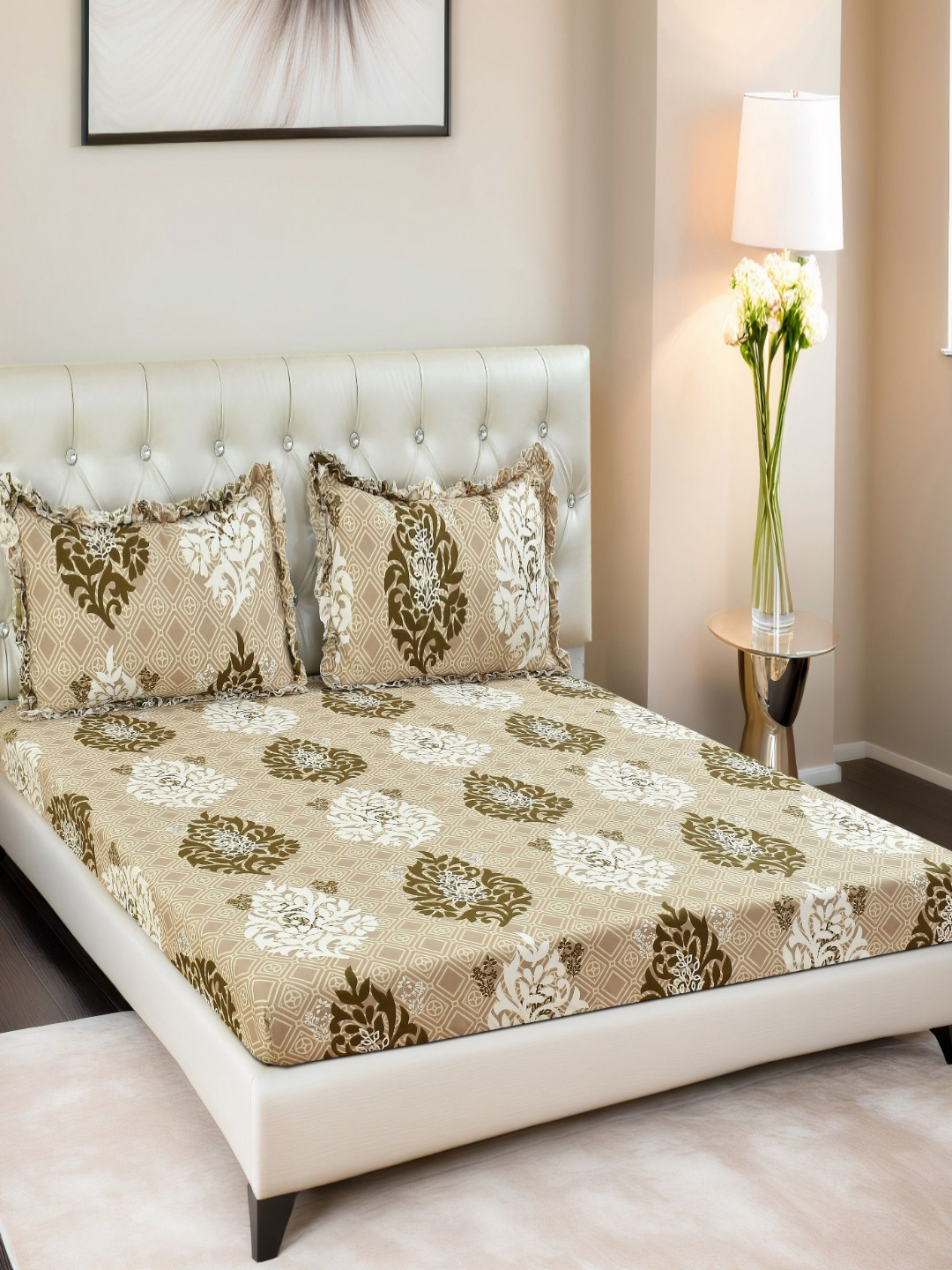 Innovative Edge Brown Ethnic Motifs Cotton Stain Resistant 160 TC Fitted King Superfine Bedsheet with 2 Pillow Covers-182.88 x 198.12 cm