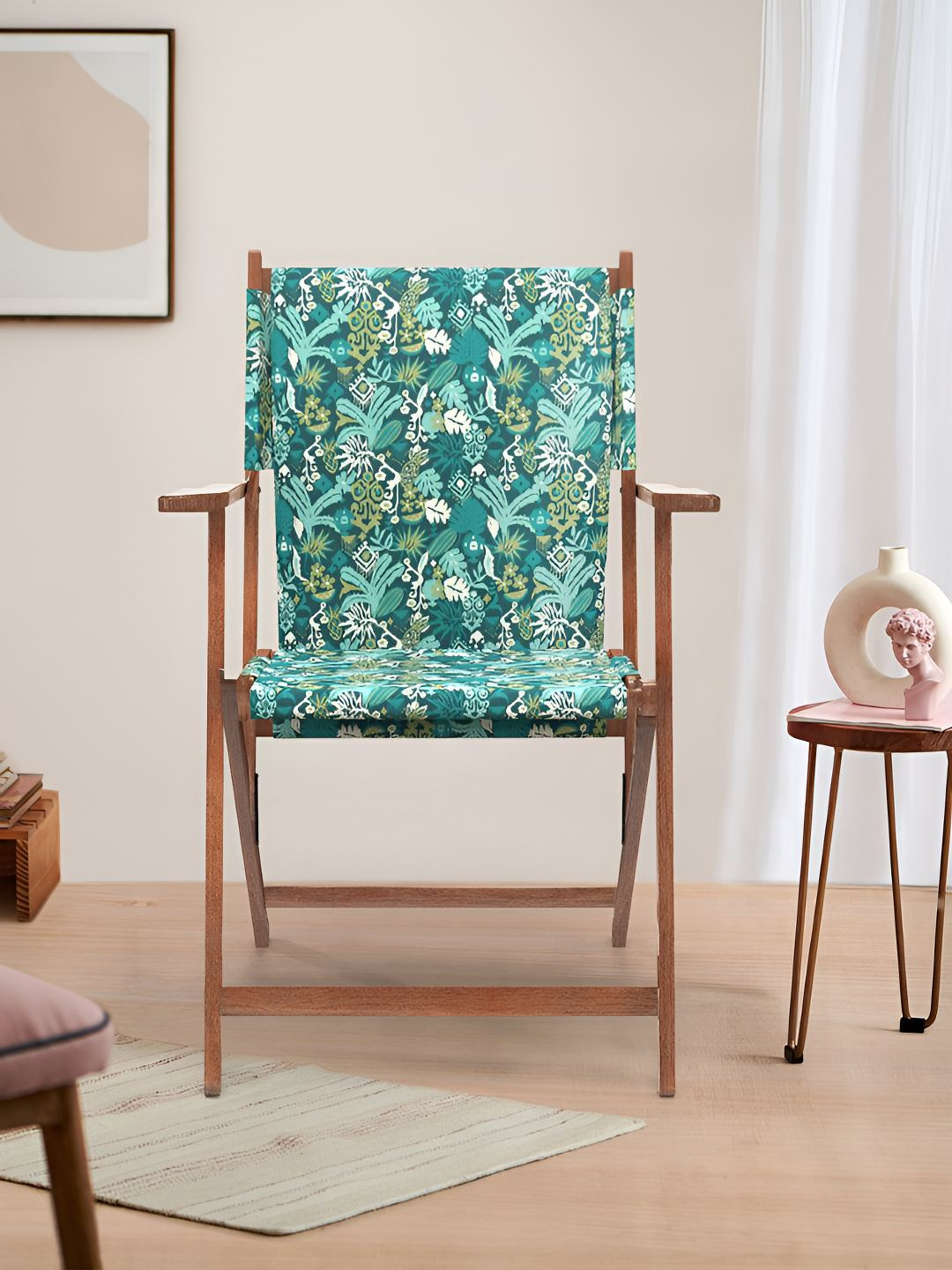 Chumbak Green & Beige Bistro Folding Chair Tropical Ikkat