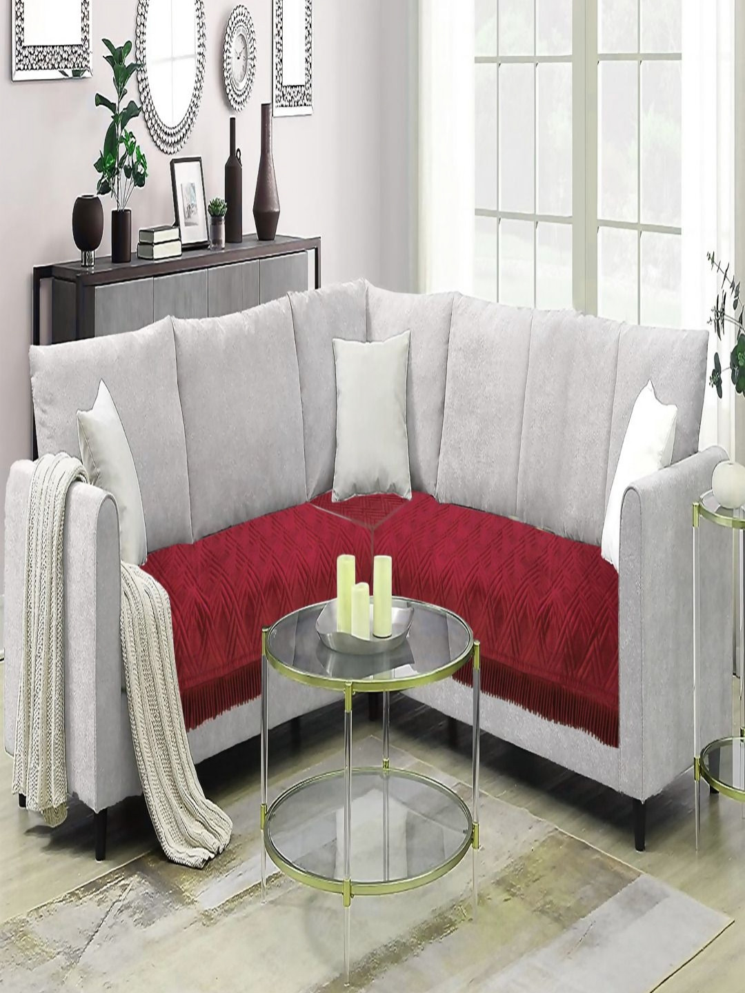 Fashion Throw Maroon Velvet 2 Piece Sofa Cover Without Arms