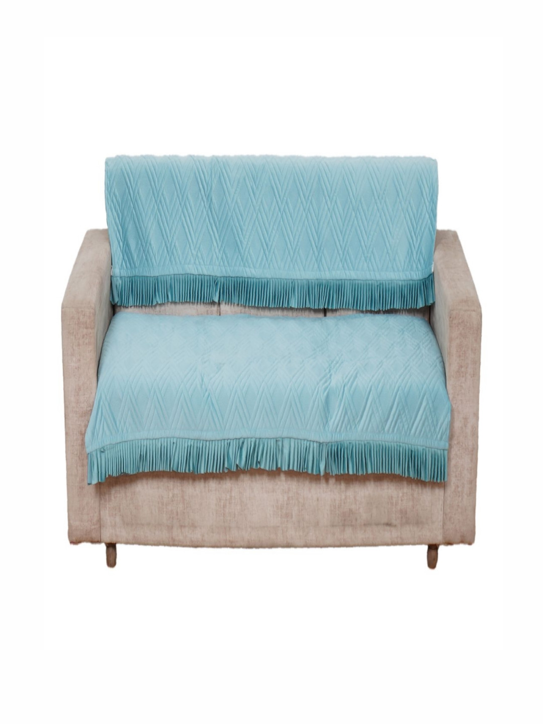 Fashion Throw Turquoise Blue 2 Pieces Self Design 2 Seater Velvet Sofa Covers