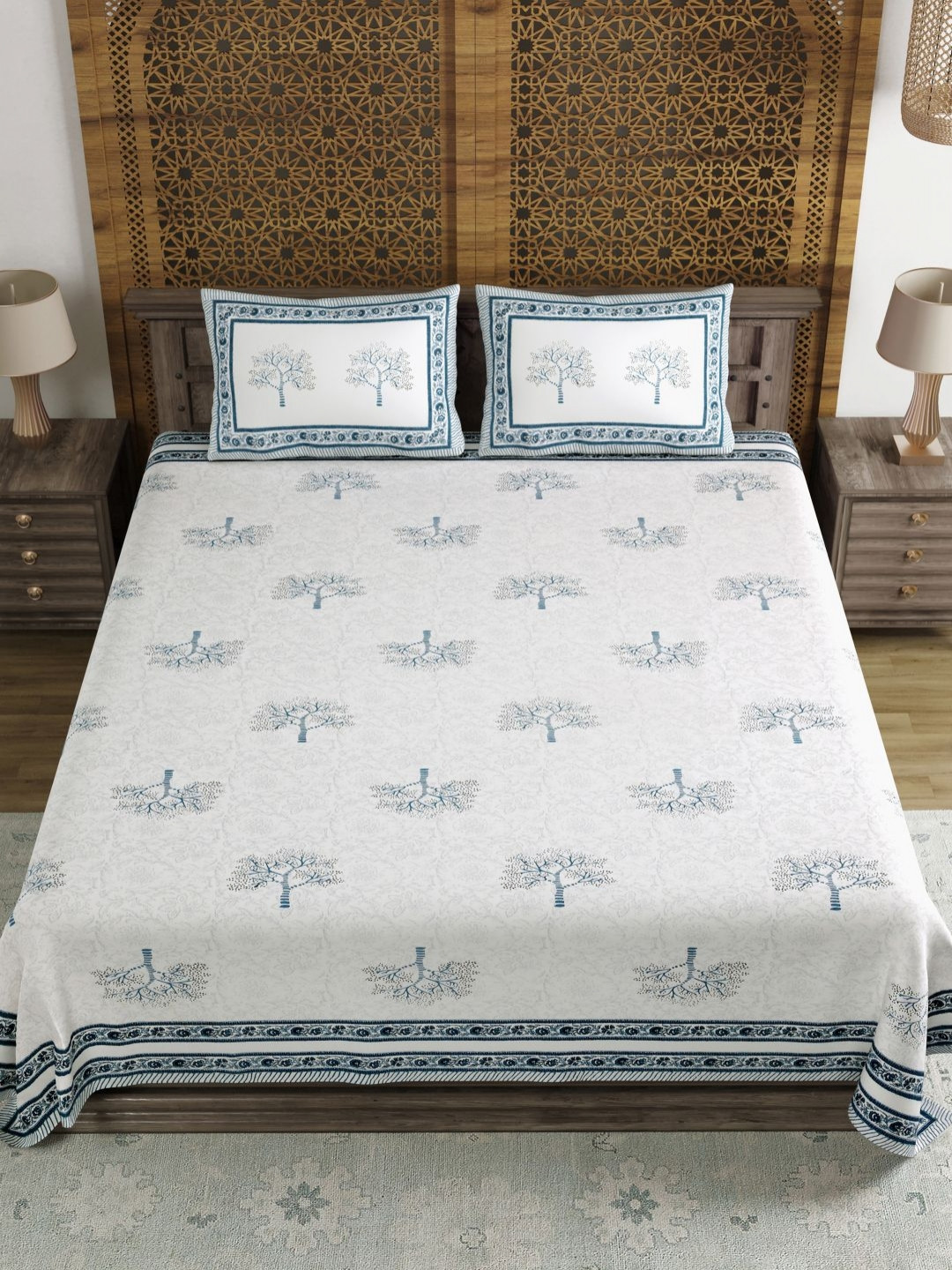 Myntra Elegant Homes Arena White Floral Cotton 180 TC King Fine Bedsheet with 2 Pillow Covers-90 x 108 inches