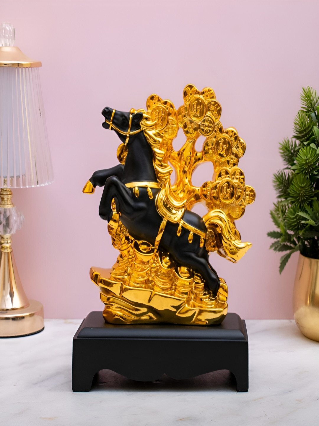 Craftlayout Horse Happiness and Money Wealth Sitting Gold Polyresin Natural Living Room Medium Showpiece - 9 Inches