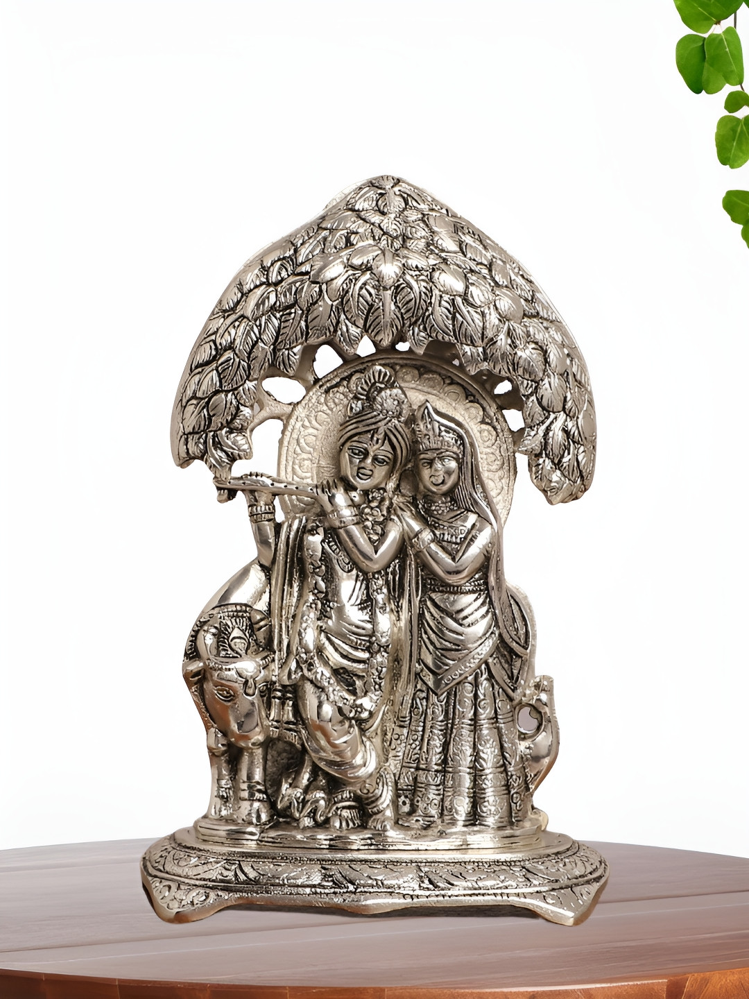 INTERNATIONAL GIFT Radha Krishna with Tree Canopy and Cow Silver Metal Metallic Prayer Room Medium Showpiece - 3.3 Inches