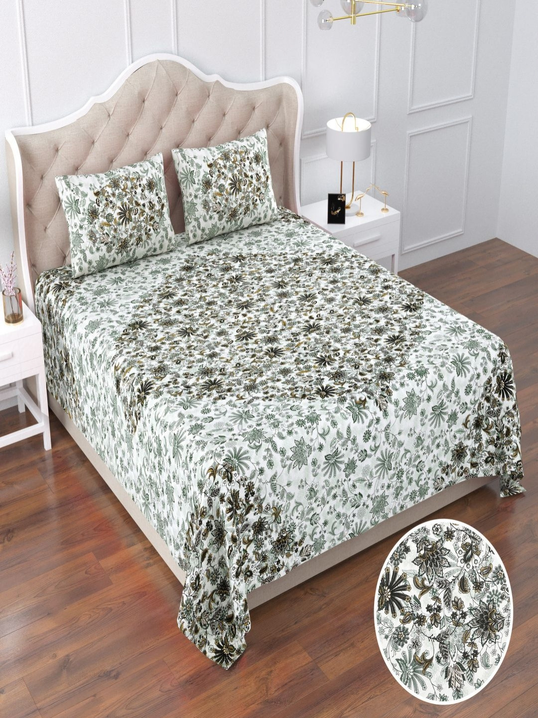 Qfab Grey Floral Cotton 250 TC King Bedsheet with 2 Pillow Covers-90 x 110 inches
