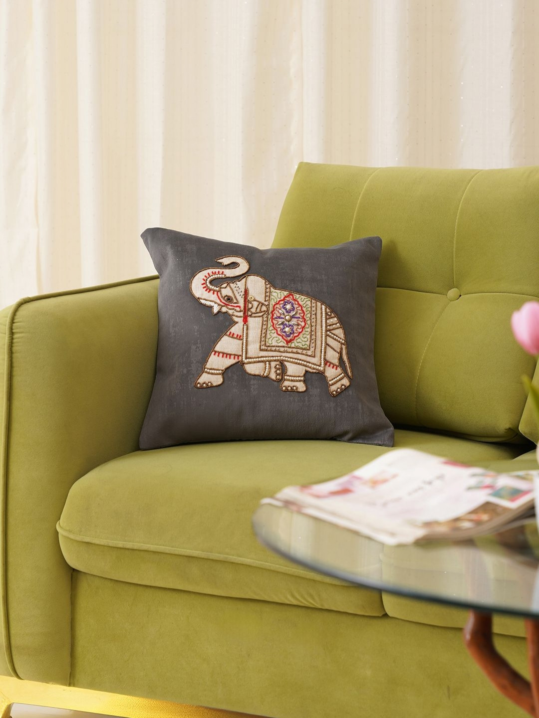 HOME 360 Grey & Red Elephant Embroidered Velvet Square Cushion Covers